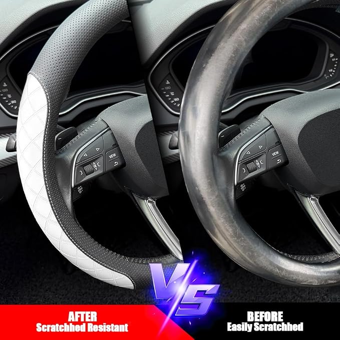 Nappa Leather Steering Wheel Cover, Elegant Diamond Checkered Design, Non-Slip wear-Resistant, Enhance Driving Comfort, Suitable for Steering Wheel Diameter 14 1/2‘-15’ Models.Black White