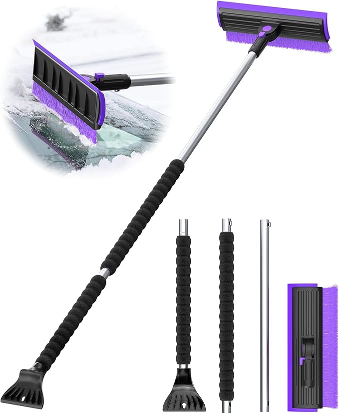 2025 Extra Long 55.7" Ice Scrapers for Car Windshield Multi-Functional Detachable Car Ice Scraper with Foam Grip and 270° Pivoting Brush Head Snow Brush for SUV Truck Auto(Purple)