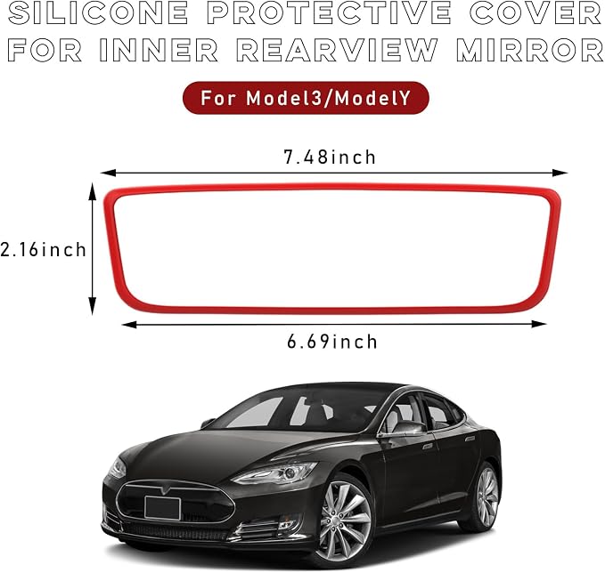 Car Rear View Mirror Protector Frame, Silicone Auto Rearview Edge Protection Cover Compatible with Model 3 Model Y, Interior Rear View Trim Frame Decoration, Car Accessories (Red)