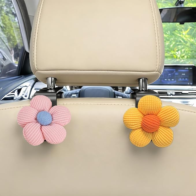 2PCS Car Seat Headrest Hook, Cute Flower Vehicle Backseat Purse Handbag Storage Hanger, Floral Auto Seat Back Holder Hook for Coat Umbrella Grocery, Universal for Vehicles (Pink/Yellow)