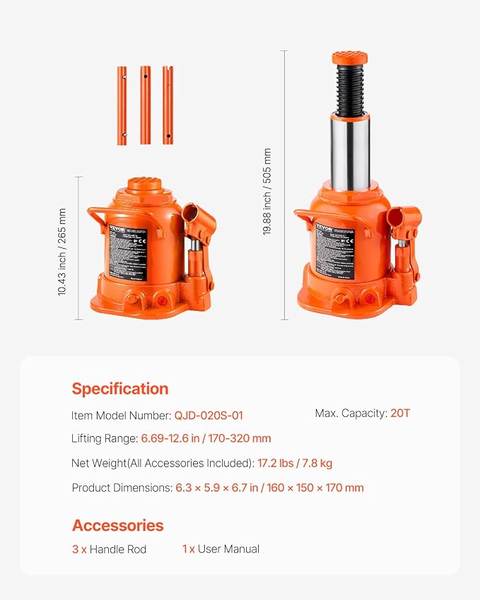 Hydraulic Bottle Jack, 20 Ton/44092 lbs Low Profile Welded Bottle Jack with 6.69''-12.6'' Lifting Range & 3-Section Long Handle, for Car, Pickup, Truck, RV, Auto Repair, Industrial Engineering