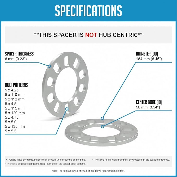 2 Pcs Die Cast Wheel Spacer 8mm 5/16" Thick Fits Bolt Patterns 5x4.25 5x110 5x112mm 5x4.5 5x115 5x120mm 5x4.75 5x5 5x135mm Fits 5 Lug Pass Cars Light Trucks - Not Hub Centric