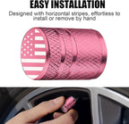 Tire Valve Stem Caps - (4 Pack) American Flag Metal Air Caps with Plastic Liner, Durable, Corrosion Resistant and Leak-Proof, Universal Fit for Cars, Trucks, Motorcycles, and Bikes - Pink