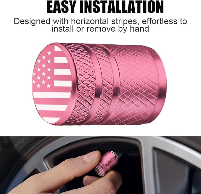 Tire Valve Stem Caps - (4 Pack) American Flag Metal Air Caps with Plastic Liner, Durable, Corrosion Resistant and Leak-Proof, Universal Fit for Cars, Trucks, Motorcycles, and Bikes - Pink