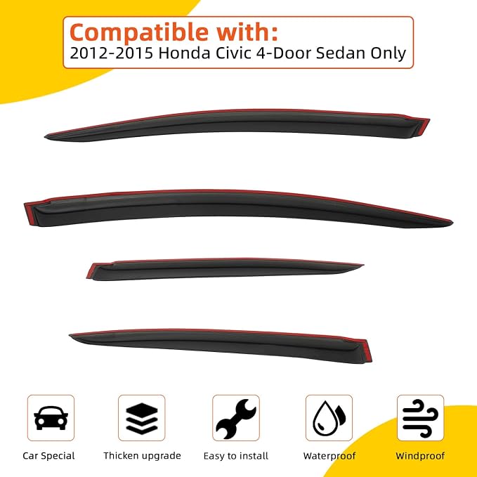 Rain Guards Compatible with 2012-2015 Honda Civic 4-Door Sedan Tape-On Vent Deflector Window Visors Car Accessories 4pcs