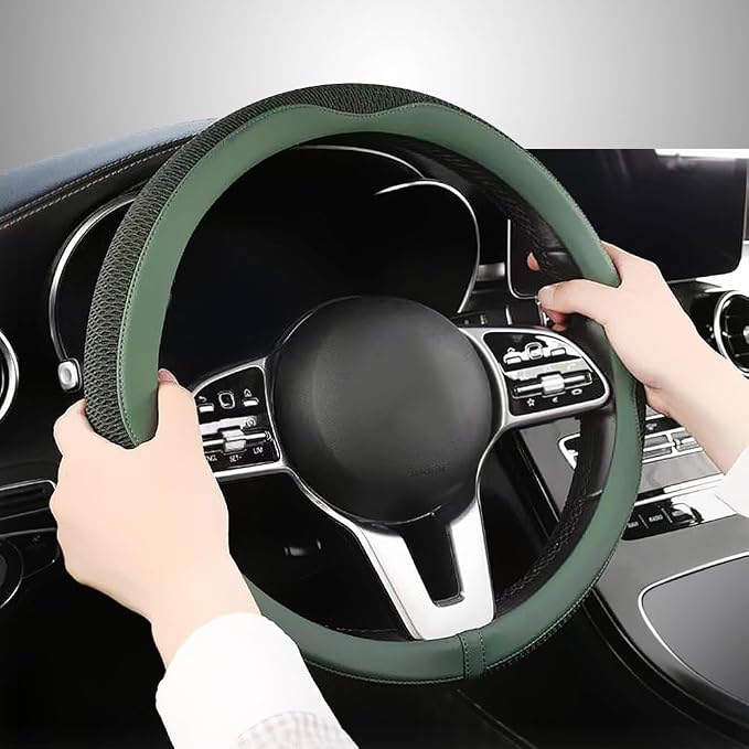 Car Steering Wheel Cover, Universal 15 inch, the Latest Microfiber Leather Breathable Technology Fabric, Non-Slip, Comfortable, Warm in Winter and Cool in Summer, Green