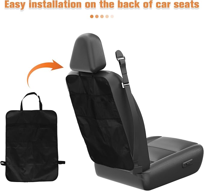 Car Seat Kick Mat with Backseat Organizer Bag, Anti-kick Pad and Rear Storage Protector for Vehicle Interior Accessories, Sturdy Hanging Seat Back Pouch for Travel and Family Use