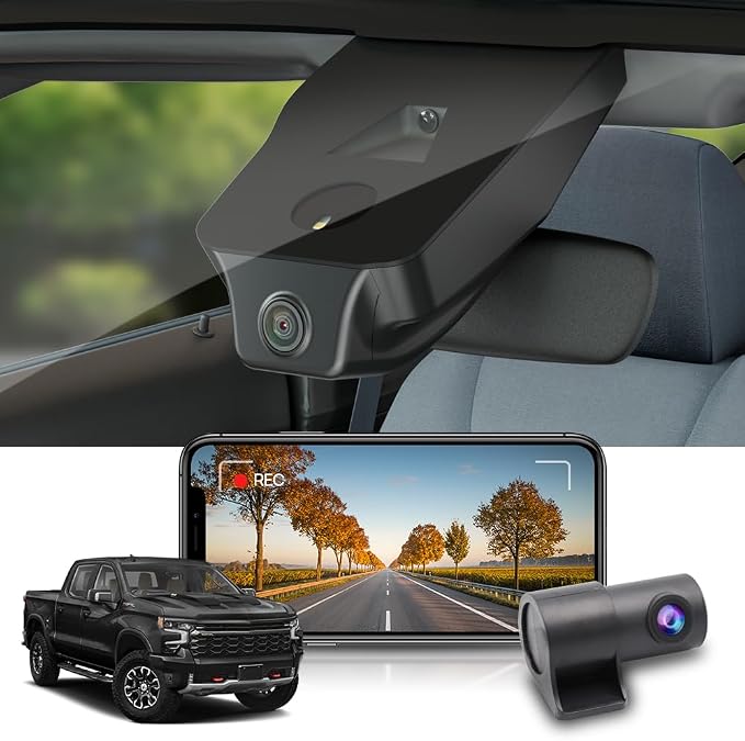 Front 4K+Rear 1080P Dash Cam Adapts for Chevy Silverado (HD2-4925, has 8 Vents) 2022-2025 & EV, OEM Look, Dual HD Video, Built-in WiFi & APP, Loop Recording, G-Sensor, Easy to Set, 128GB Card