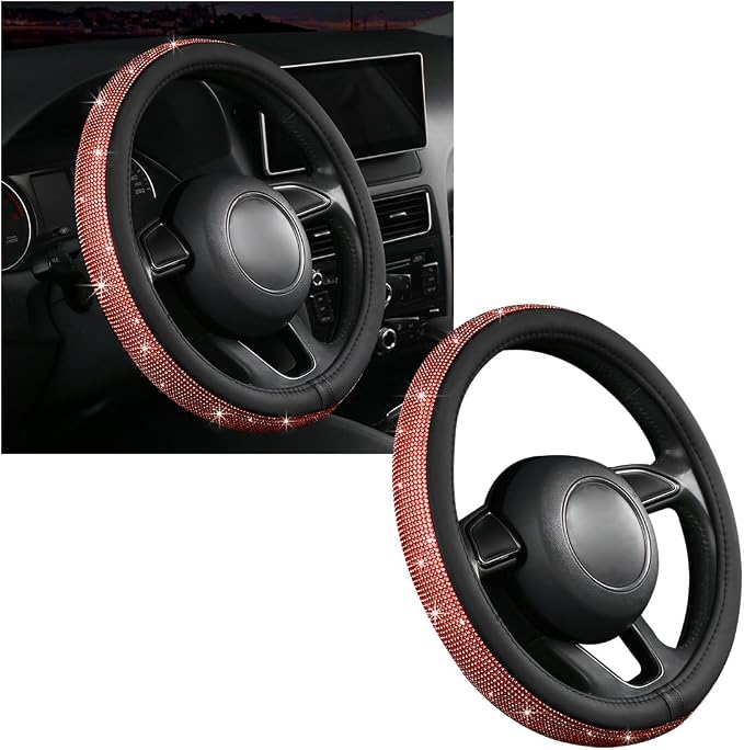 Steering Wheel Cover, Bling Crystal Rhinestones Auto Wheel Protector, Sparkly Cover Universal Fit Diverse 14.5-15 inch Steering Wheel, Interior Decor Car Accessories (Red)