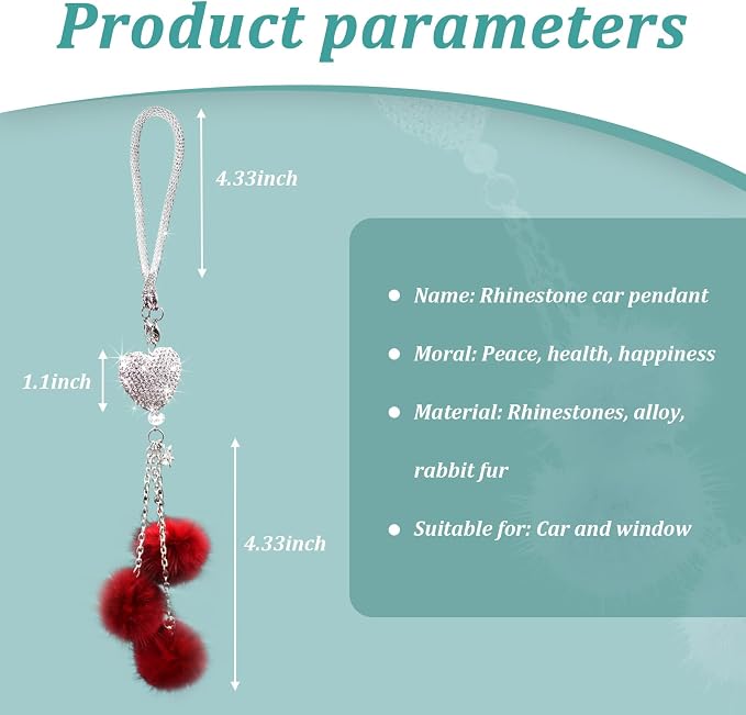 Bling Diamond Heart Car Interior Accessories, Car Mirror Hanging Ornament for Women, Love Heart & Pink Plush Ball Decor Ornament Pendant (Wine Red)