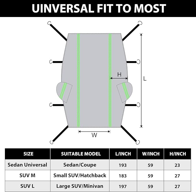 Half Car Cover with Green Reflective Strip, Windshield Cover for Ice and Snow with Cotton Liner, Hail Protector Car Cover Waterproof All Weather for Snow, Sun, Rain, Dust, UV Protection Fit SUV M