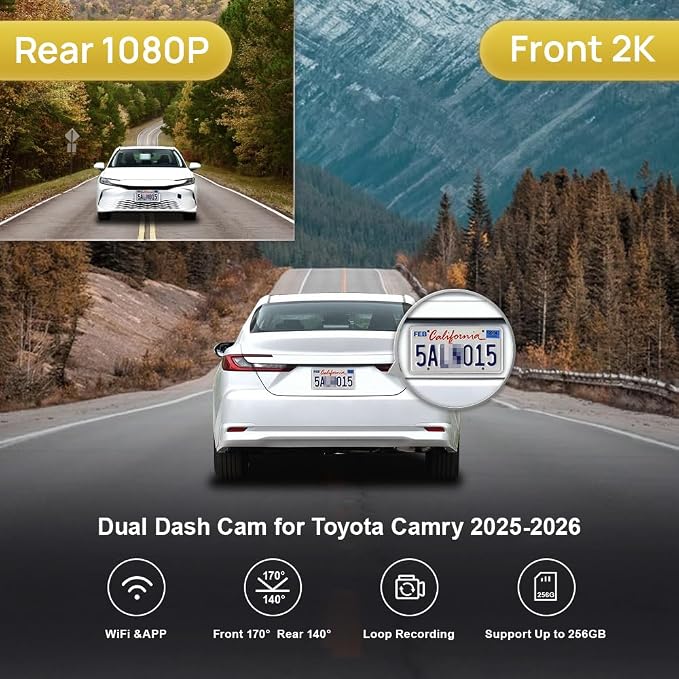 Front 2K+Rear 1080P Dash Cam for 2025-2026 Toyota Camry LE SE XLE XSE Nightshade (HD2-06090), OEM Style, Dual HD Video, Built-in WiFi & APP, Loop Recording, G-Sensor, Easy to Set, 64GB Card