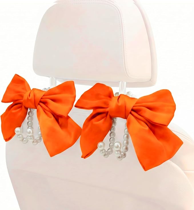 2PCS Satin Bow Pearl Car Seat Headrest Hooks – Car Bag Holder & Vehicle Hanger for Purses – Cute Coquette Aesthetic Interior Decoration – Cute Auto Organizer Accessories Universal (Orange)