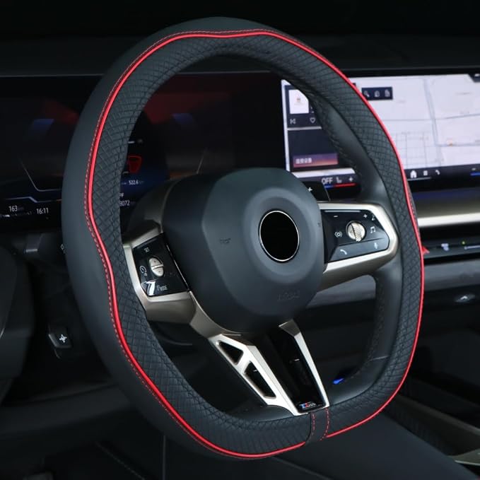 Flat Bottom Steering Wheel Cover Anti-Slip,Safety,Soft,Breathable,Durable,Full Surround,Comfortable Grip Microfiber Leather (D-Shape,Black Red)