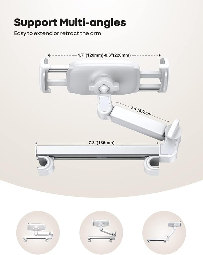 Car Headrest Tablet Holder - [Extension Arm] Upgrade Adjustable Tablet Car Mount for Back Seat, Road Trip Essentials for Kids, for 4.7-11" Device like iPad Pro, Air, Mini, Galaxy, Fire, White