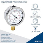 30 inHg to 30 Psi Vacuum Glycerin Liquid Filled Low Pressure Gauge, 2.5" Dial Size, 1/4" NPT Lower Mount, Stainless Steel Case, for Air Conditioning Manifolds, HVAC, Air Pump Vacuum Test