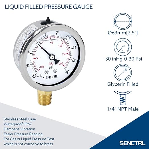 30 inHg to 30 Psi Vacuum Glycerin Liquid Filled Low Pressure Gauge, 2.5" Dial Size, 1/4" NPT Lower Mount, Stainless Steel Case, for Air Conditioning Manifolds, HVAC, Air Pump Vacuum Test