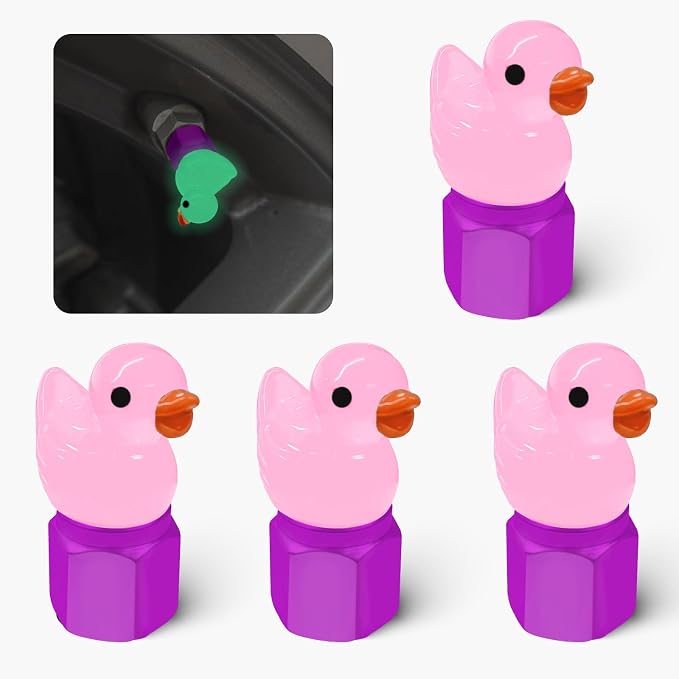 4 Pack Cute Duck tire Valve caps, Glow in The Dark Tire Valve Caps, Interesting and Practical Tire Decoration, Can be Used for Cars, Motorcycles, Trucks, and Bicycles.(Pink)