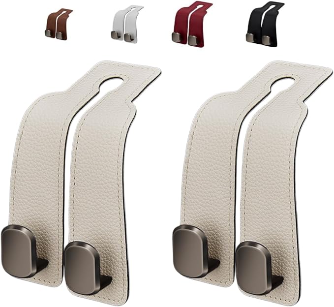 Coozyland Car Hooks, Coozy Land Metal Multi-Function Leather Car Headrest Hooks, Universal Double Hook Car Seat Back Storage Hooks for Wallets, Handbags, Bottles, Trash Bags, etc(White 2-Pack)