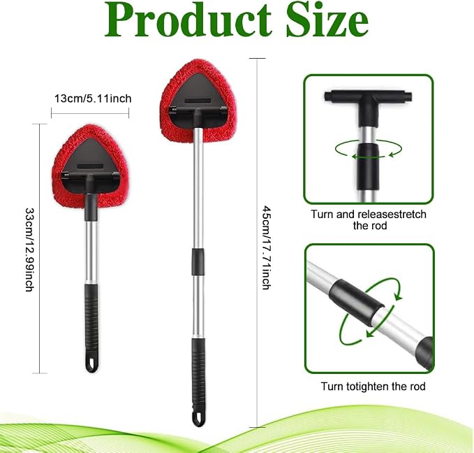Windshield Cleaning Tool, Car Window Cleaner with Extendable Long Handle and 4 Washable Reusable Microfiber Pads, Auto Interior Exterior Auto Glass Wiper for Windshield, Universal for Most Cars (Red)