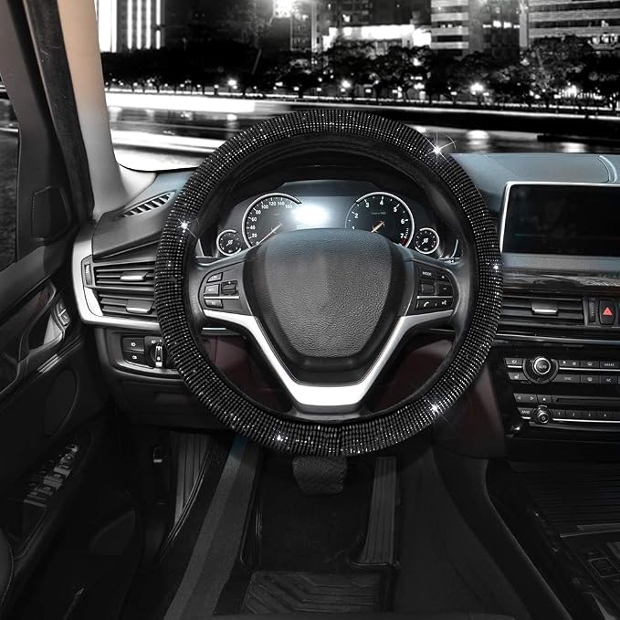 Steering Wheel Cover for Women Men Bling Bling Crystal Diamond Sparkling Car SUV Wheel Protector Universal Fit 15 Inch (Black with Black Diamond, Standard Size(14" 1/2-15" 1/4))
