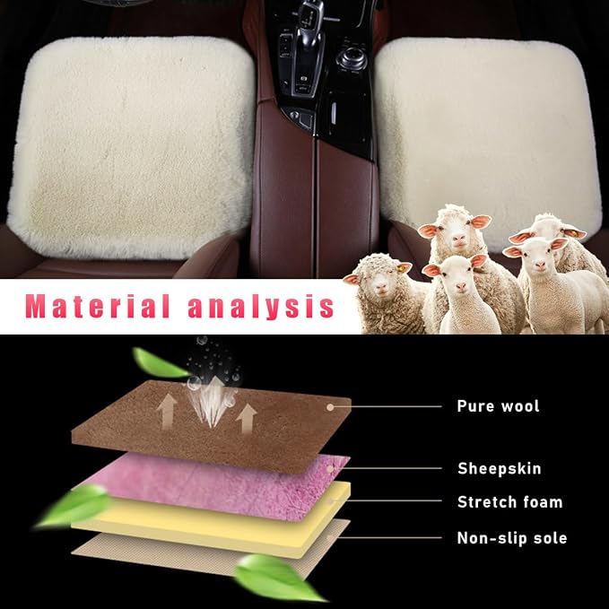 Sheepskin Car Seat Cushion, Comfortable Soft Fur Wool Auto Front Seat Cover, Vehicle Seat Protector Pad for Warm Winter Office Chair, Universal Decor Car Accessories (Beige)
