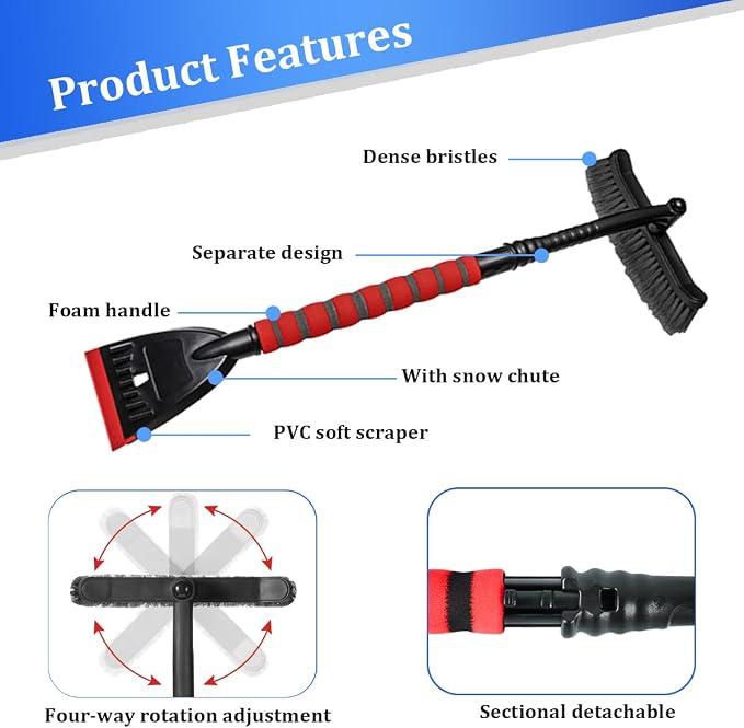 Car Snow Brush and Ice Scraper, 2 in 1 Detachable Aluminum Vehicle Snow Removal Tool with Ergonomic Foam Grip for Windshield, Automotive Ice Shovel Tool Accessories, Universal Fit (Red/Gray)