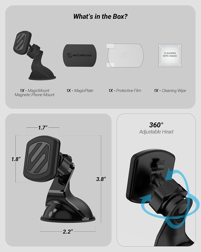 Extra Strength Suction Cup Phone Mount, Magnetic Dashboard/Windshield Mount Cell Phone Holder for Car with 360° Rotation, StickGrip Base & Thick Metal Plate for iPhone and Android, Not MagSafe