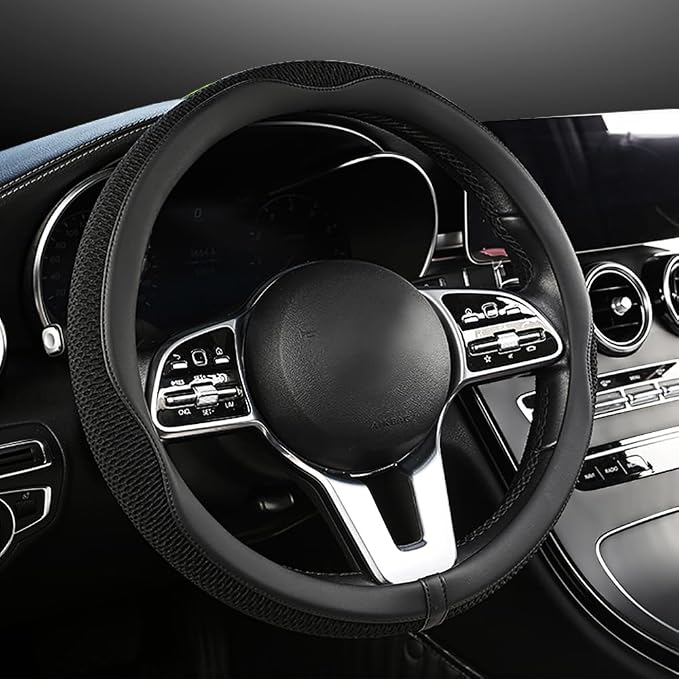 Car Steering Wheel Cover, Universal 15 inch, The Latest Microfiber Leather Breathable Technology Fabric, Non-Slip, Comfortable, Warm in Winter and Cool in Summer, Black