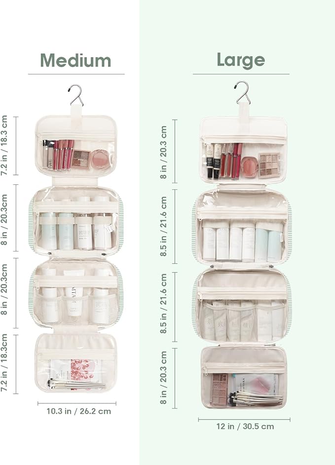 Striped Hanging Toiletry Bag for Women Travel Makeup Bag Organizer Toiletries Bag for Travel Size Essentials Accessories Cosmetics (Mint Green Stripe (Medium))