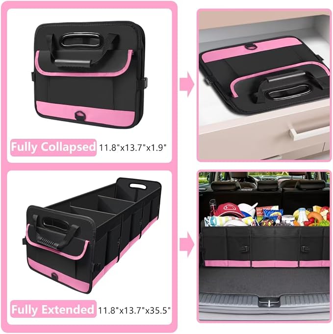 Trunk Organizer for Car, 95L Large Capacity Trunk Storage with Non-Slip Bottom Strips, Cargo Organizer for Suv, Truck, Sedan, Waterproof Portable Car Organizers for Women Men(Pink)