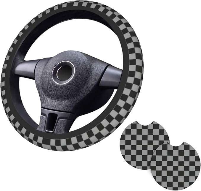 Black Gray Checkerboard Steering Wheel Cover 15 Inch Gray Checkerboard Steering Wheel Cover Anti-Slip Breathable Universal 2 Pcs Car Interior Cup Holder Pad for Men Women