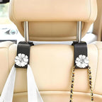4PCS Bling Car Seat Headrest Hooks, Crystal Rhinestone Flower Vehicle Back Seat Hanger Holder Hook, Automotive Interior Hanging Storage Accessories for Purse Coats Bag, Universal Fit (White)