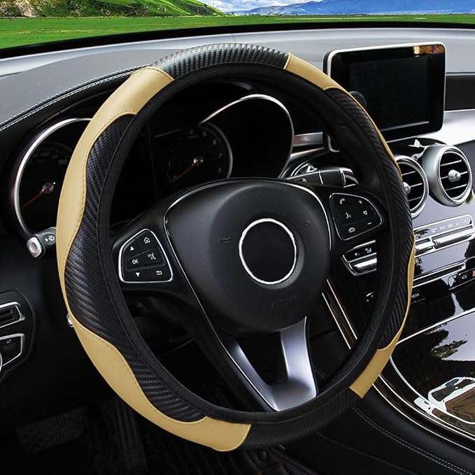 Ultra Fine Carbon Fiber Leather Steering Wheel Cover, Anti Slip and Sun Protective Protect The Steering Wheel, Easy to Install,Universal of 14.5"-15" (Beige)