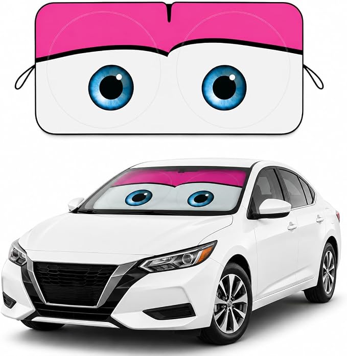 Car Windshield Sun Shade, Universal Fit Compact Sedan SUV, Cute Pink | 59 x 27.5" Car Sun Visor, Foldable Front Window Sunshade, UV Heat Protection, Cute Eyes Series