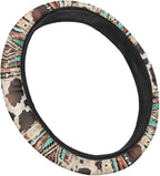 Aztec Brown Cow Print Retro Auto Car Steering Wheel Cover for Women Men, Universal 15 Inch Soft Elastic Anti-Slip Easy to Install Car Accessories