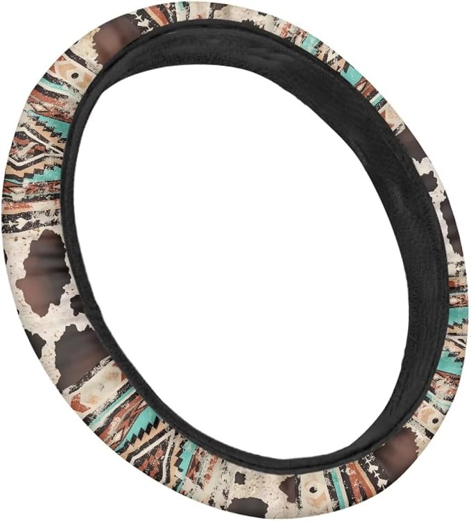 Aztec Brown Cow Print Retro Auto Car Steering Wheel Cover for Women Men, Universal 15 Inch Soft Elastic Anti-Slip Easy to Install Car Accessories