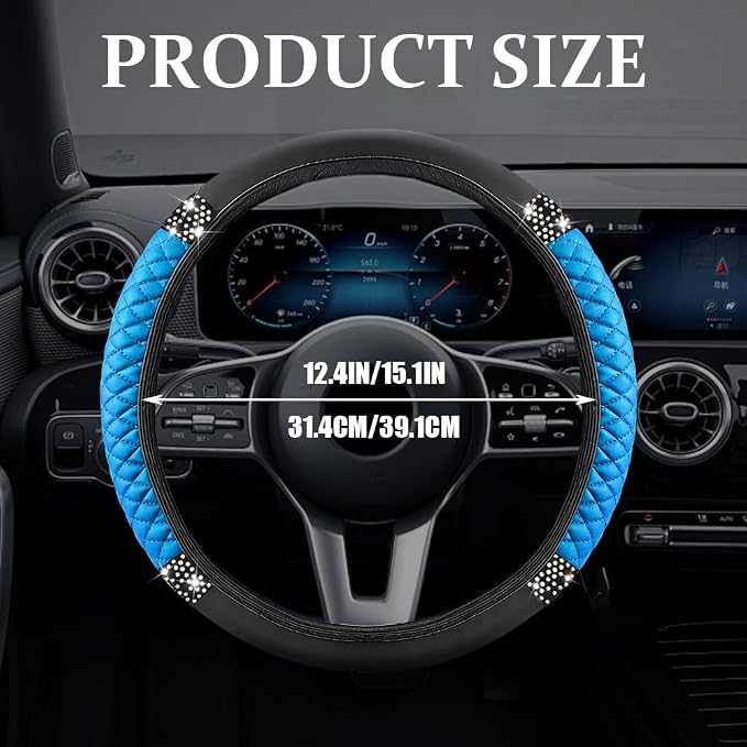 Bling Soft Leather Steering Wheel Cover, Steering Wheel Protector, 15 Inch Rhinestones Car Elastic Protector with Crystal Diamond for Women Girls, Car Accessory for Vehicles (Blue)