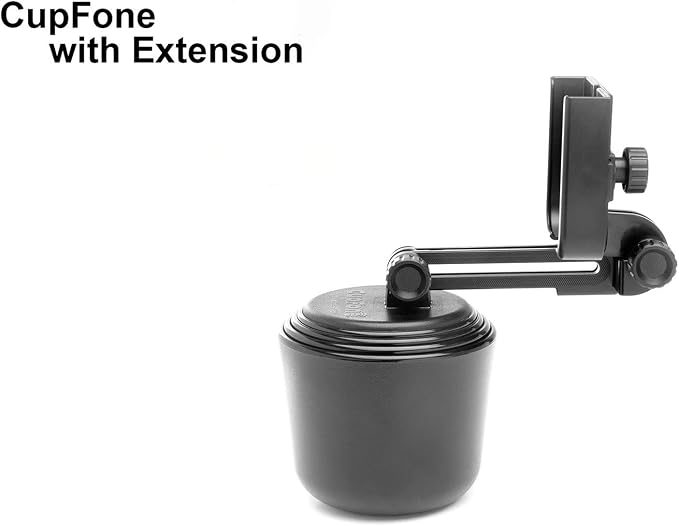 CupFone with Extension – Adjustable, Universal Cup Holder Cell Phone Mount Car & Truck Accessory – Best Design for iPhone & Smartphone Charging – Black Plastic Knobs