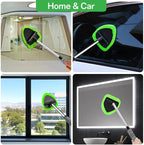 Windshield Cleaner Tool with Extendable Handle, Car Window Cleaning Kit for Inside & Outside Glass, Includes Microfiber Pads, Brush & Bottle (7 Pcs, Green)