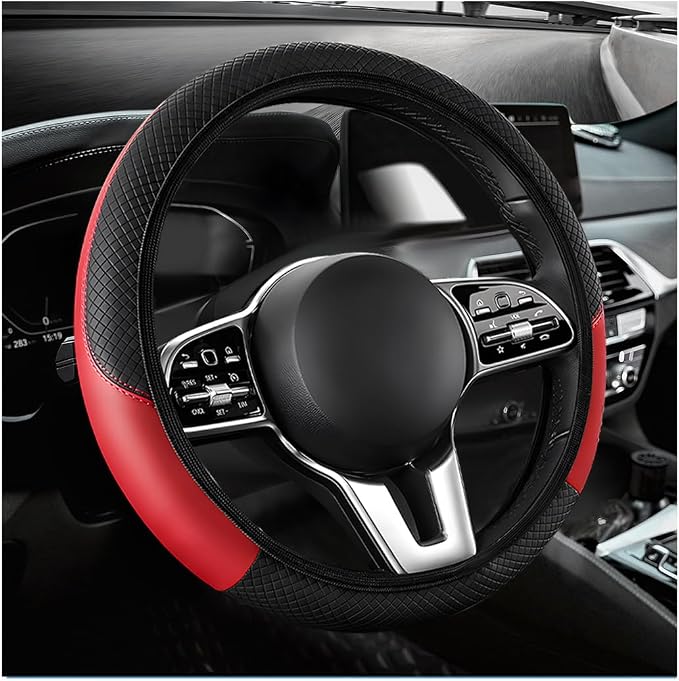 Car Steering Wheel Cover, 15 Inch Anti-Slip Stretch Leather Steering Wheel Protector, Comfortable Breathable Sporty Steering Wheel Cover for Women Men, Car Accessories (Black & Red, AD)