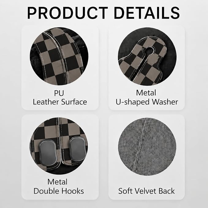 Cute Checkered Car Seat Back Storage Headrest Hooks for Purses & Bags – 2PCS PU Leather Dual Metal Hooks, Backseat Organizer Accessories