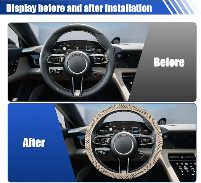 Elastic Stretch Steering Wheel Cover, 15" Breathable Microfiber Ice Silk Steering Wheel Protector, Universal Anti-Slip Car Warm in Winter&Cool in Summer Accessories for Men Women (Beige)