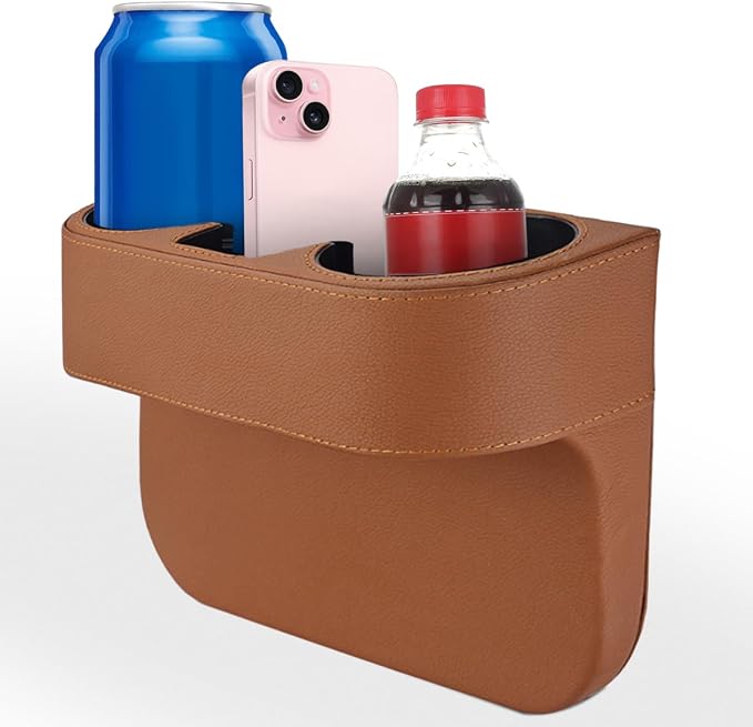 Car Cup Holder, PU Leather Cover Auto Front Seat Organizer, Brown | Multifunctional Cup Drink Holder, Gap Filler Coin Bucket Storage Box, Console Side Pocket, Cell Mobile Phone Holder