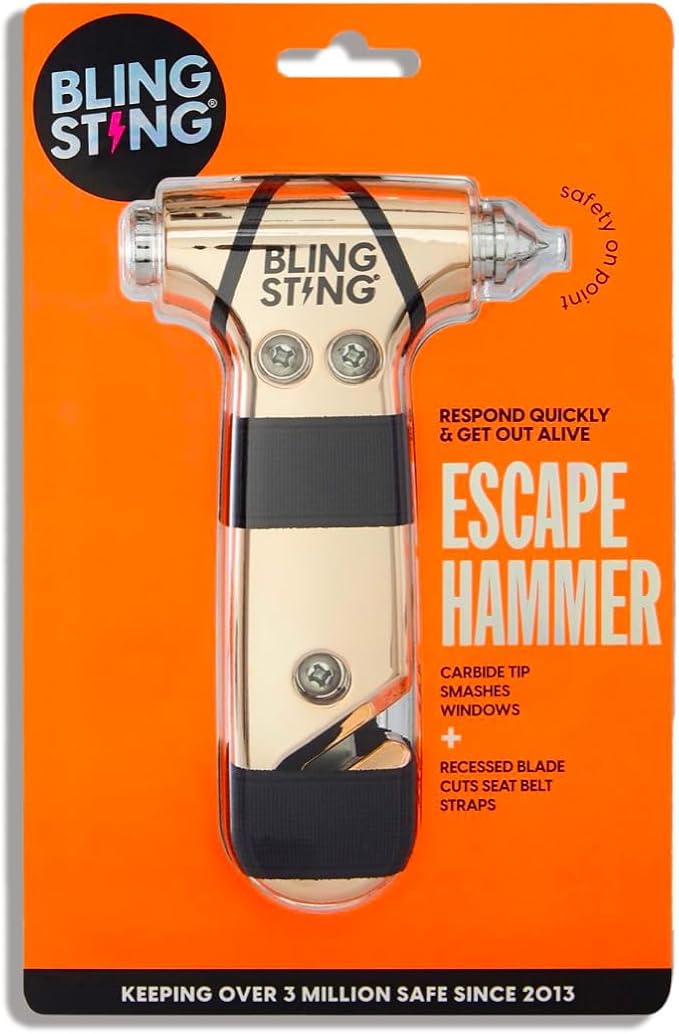 Safety Hammer - Emergency Automotive Escape Tool with Window Breaker, Seat Belt Cutter & Adjustable Car Visor Strap - Tempered Glass Breaker - Steel Blade - Rose Gold (1 Count)