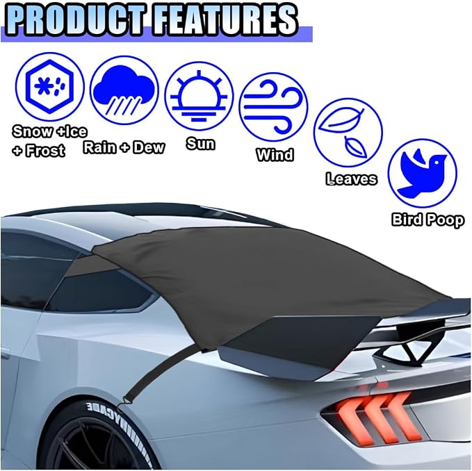 Car Windshield Snow Ice Cover, Windproof Sunshade Protector, Oxford Cloth Car Frost Window Covers, Universal Fit for Most Cars, Trucks, SUVs
