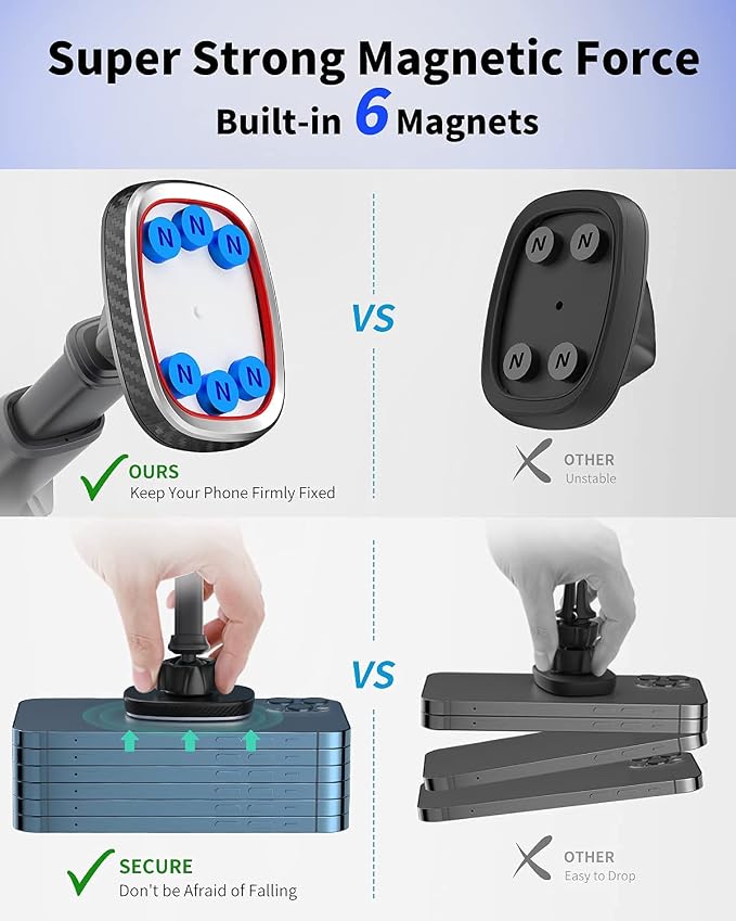 Magnetic Phone Mount, Dashboard Windshield Suction Cup Car Phone Holder Phone Mount with 6 Strong Magnets, Adjustable Telescopic Arm, Compatible with iPhone/Air/Pro/Max/All Smart Phones