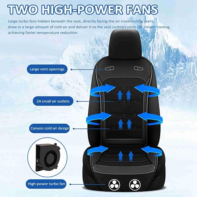 Universal Cooling Car Seat Cushion 12V 24V Front Seat Cooled Cover with Intelligent Twin Turbo Fans for Cars and Trucks, Breathable Ventilated Summer Seat Protector with 24 Air (Black)