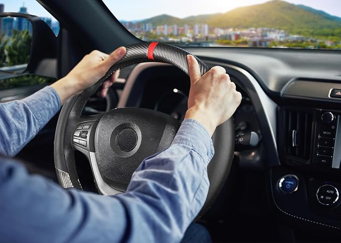 Classic Carbon Fiber Steering Wheel Cover, Universal 15 inch, Breathable Microfiber Leather, Gray