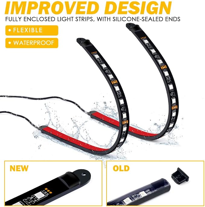 RGB LED Car Interior Bluetooth Light Strips w/Remote & Control Box, Silicone Sealed, Under Dash Footwell Lights Kit w/Cigarette Adapter for Vehicle Internal SUV Truck - 4 PCS